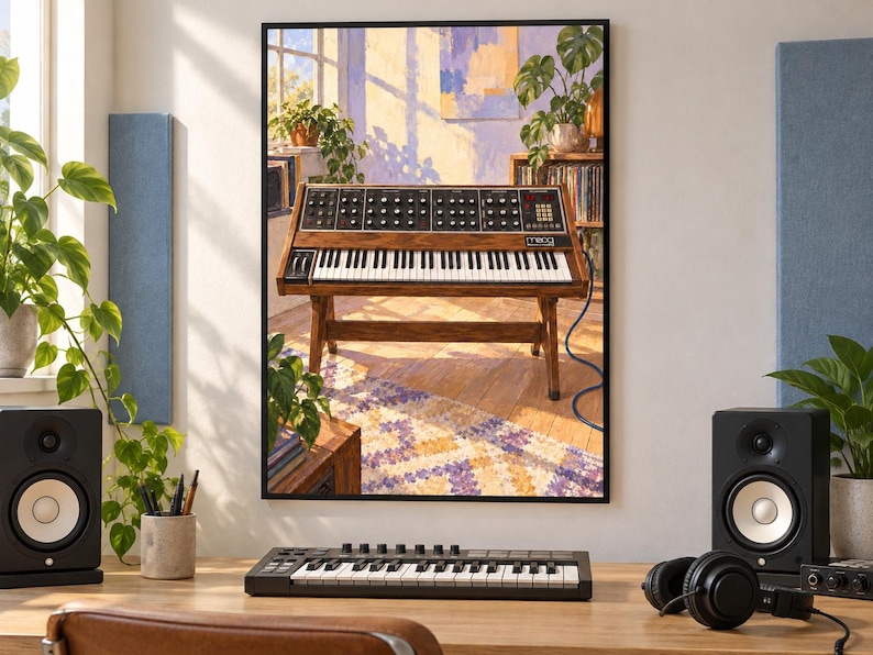 May include: A framed wall art print depicting a vintage Moog synthesizer on a wooden stand in a sunlit room with indoor plants, a patterned rug, and a bookshelf. The artwork features a warm color palette with golden sunlight and purple shadows.