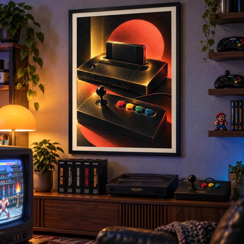 May include: A framed wall art print depicting a black Neo Geo game console with a cartridge inserted and a joystick controller, set against a dark background with a large red circle. The artwork features a retro aesthetic with warm lighting.