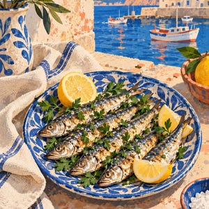 May include: A blue and white patterned ceramic plate holds four grilled sardines garnished with fresh green parsley and bright yellow lemon wedges. The plate sits near a white cloth with blue stripes, a ceramic pitcher, and a small bowl of salt.