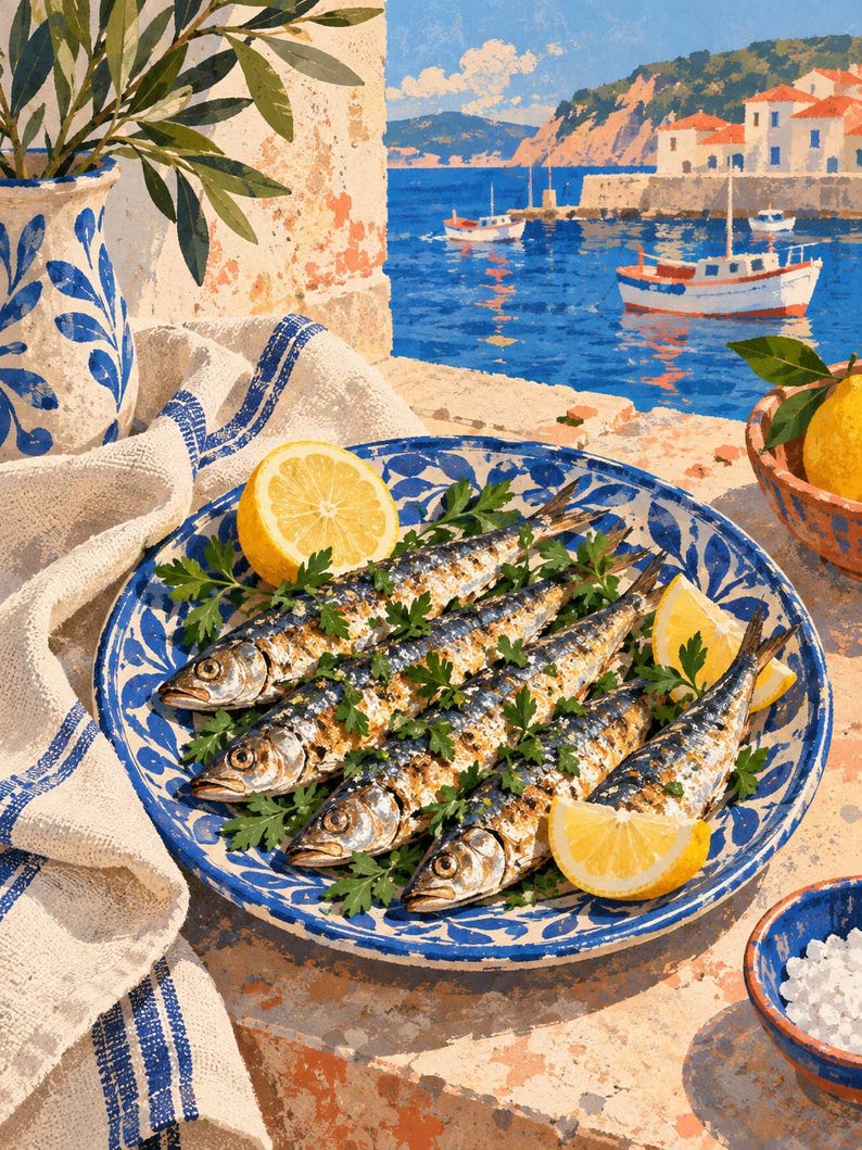 May include: A blue and white patterned ceramic plate holds four grilled sardines garnished with fresh green parsley and bright yellow lemon wedges. The plate sits near a white cloth with blue stripes, a ceramic pitcher, and a small bowl of salt.