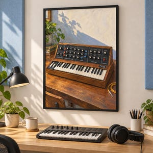 May include: A framed wall art print depicting a vintage analogue synthesiser with a wooden chassis, black control panel, and white and black keys. The synthesiser is positioned on a wooden desk surface with a yellow audio cable nearby.
