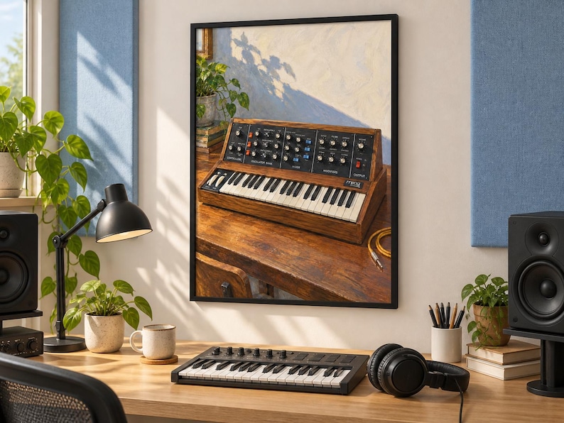 May include: A framed wall art print depicting a vintage analogue synthesiser with a wooden chassis, black control panel, and white and black keys. The synthesiser is positioned on a wooden desk surface with a yellow audio cable nearby.