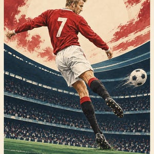 May include: A poster featuring a soccer player in a red jersey with the number 7, white shorts, and black socks kicking a soccer ball in a stadium. The background shows a large red sun and clouds. The text reads DAVID BECKHAM FOOTBALL LEGENDS 10.