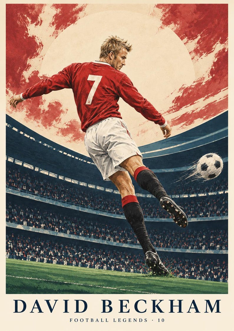 May include: A poster featuring a soccer player in a red jersey with the number 7, white shorts, and black socks kicking a soccer ball in a stadium. The background shows a large red sun and clouds. The text reads DAVID BECKHAM FOOTBALL LEGENDS 10.