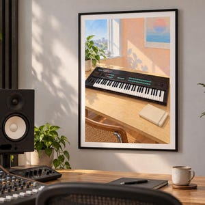 May include: A framed wall art print depicting a black synthesizer keyboard resting on a light wood desk in a sunlit room. The scene includes a window with a view, a potted plant, and a small notebook, all captured in a warm, bright aesthetic.