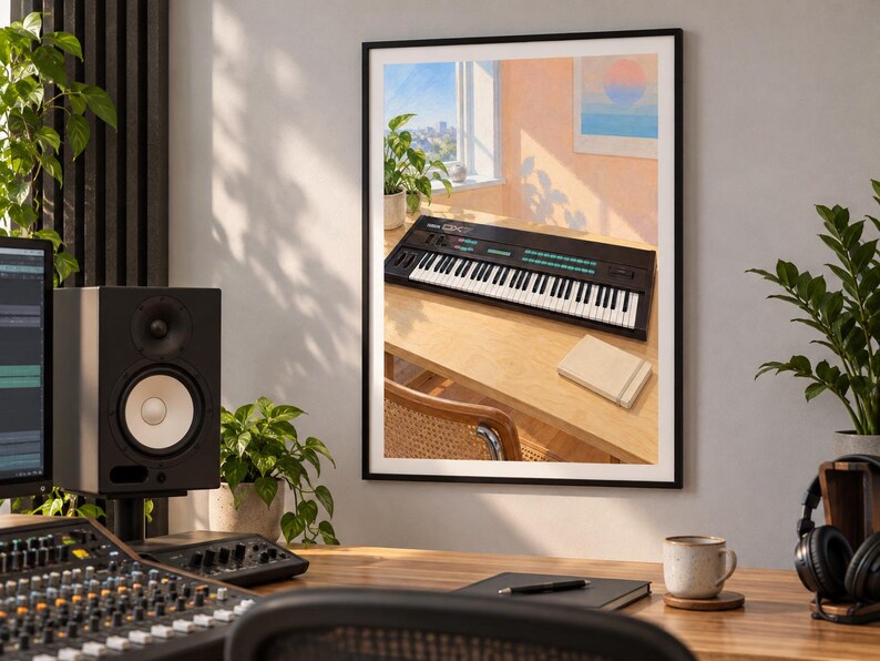 May include: A framed wall art print depicting a black synthesizer keyboard resting on a light wood desk in a sunlit room. The scene includes a window with a view, a potted plant, and a small notebook, all captured in a warm, bright aesthetic.