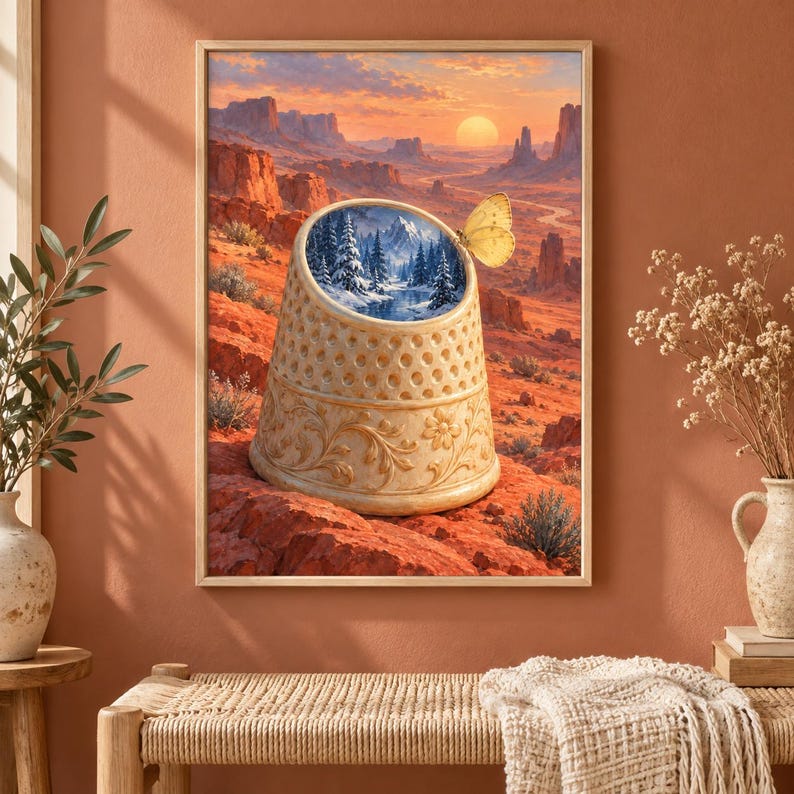 May include: A framed wall art print depicting a beige thimble sitting on a red desert landscape at sunset. The interior of the thimble reveals a snowy mountain forest scene, and a yellow butterfly rests on the rim of the thimble.