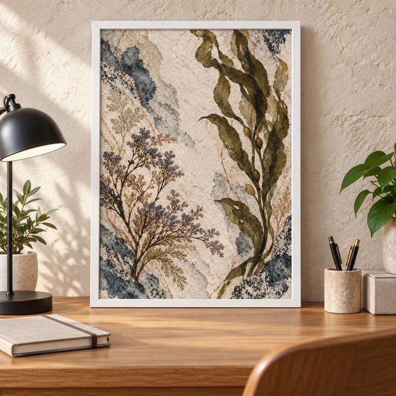 May include: A framed vertical wall art print featuring a botanical illustration with dark green seaweed, delicate brown fern-like foliage, and textured blue and cream abstract watercolor background elements within a simple white frame.