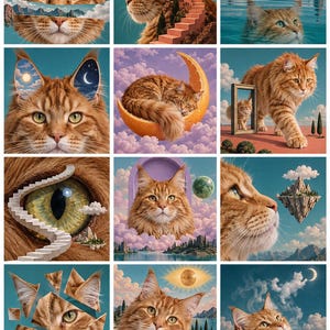 May include: A collage of twelve surreal illustrations featuring ginger cats in various dreamlike settings, including cats with celestial ears, cats resting on orange slices, cats in teacups, and cats integrated with floating staircases and landscapes.
