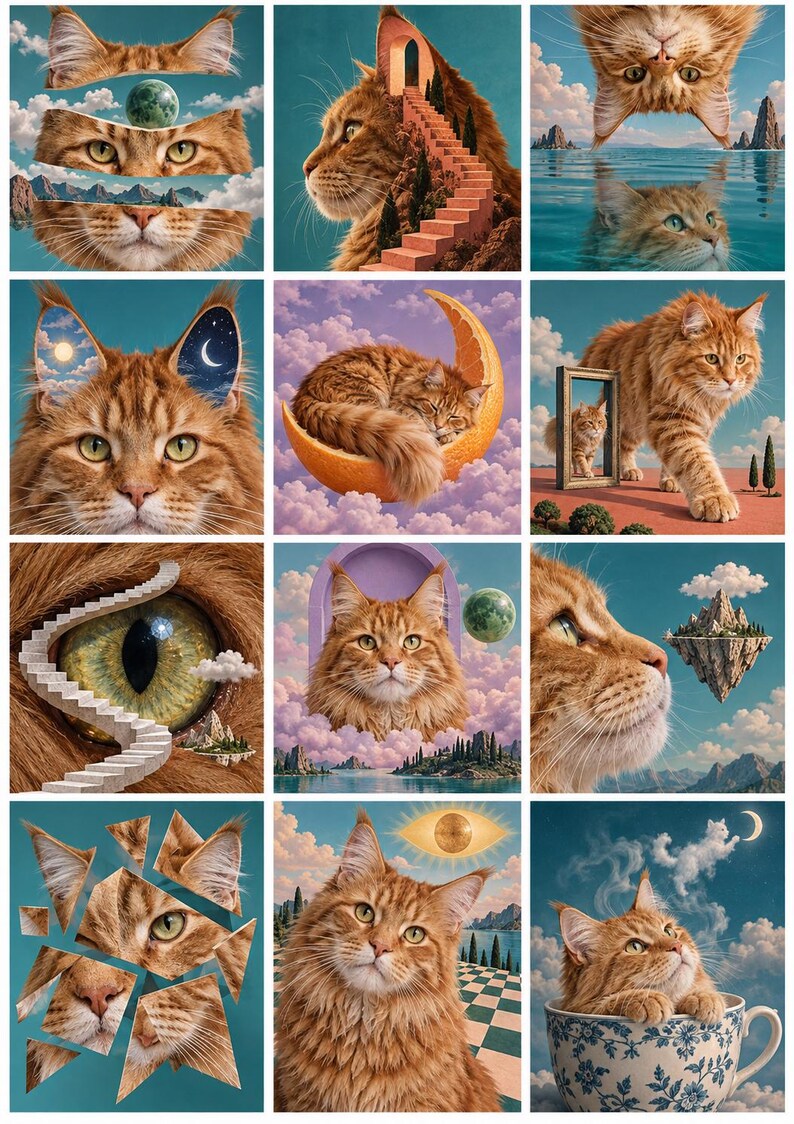 May include: A collage of twelve surreal illustrations featuring ginger cats in various dreamlike settings, including cats with celestial ears, cats resting on orange slices, cats in teacups, and cats integrated with floating staircases and landscapes.