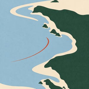 May include: A graphic art print titled COASTAL WIND MAP featuring a stylized coastline with dark green landmasses, light blue water, and a cream-colored background. A thin, curved red line indicates wind direction over the water.