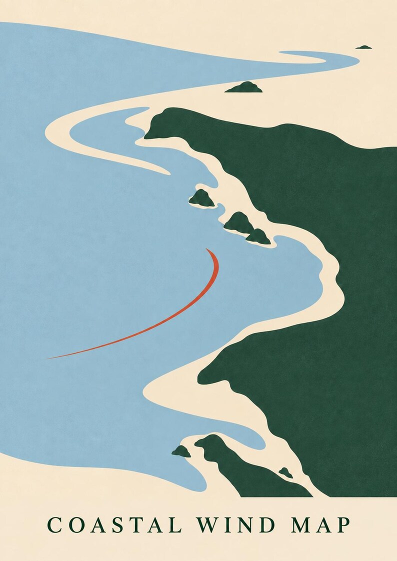 May include: A graphic art print titled COASTAL WIND MAP featuring a stylized coastline with dark green landmasses, light blue water, and a cream-colored background. A thin, curved red line indicates wind direction over the water.