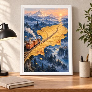 May include: A framed wall art print depicting a surreal landscape where a train travels along tracks laid upon a giant golden autumn leaf. The scene features snow-capped mountains, a sunset, a misty valley, and a waterfall below the leaf.