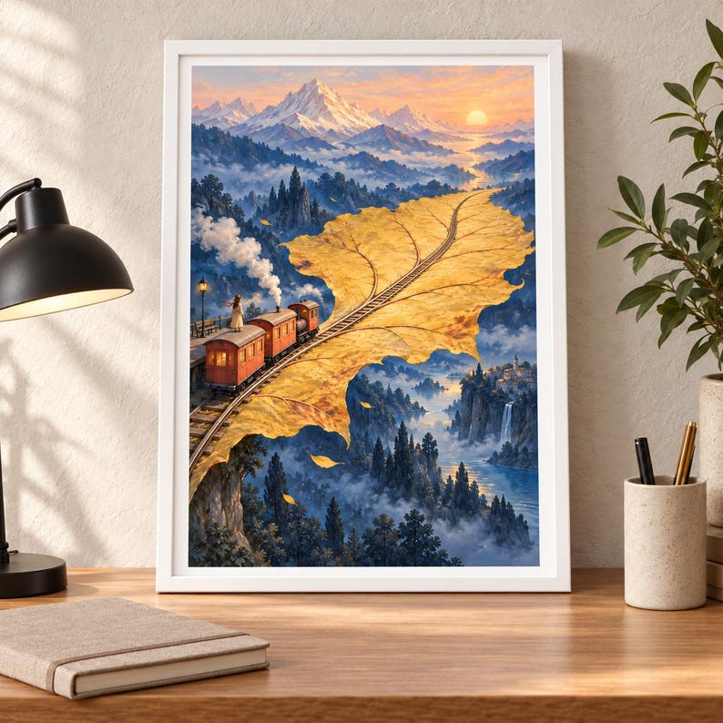 May include: A framed wall art print depicting a surreal landscape where a train travels along tracks laid upon a giant golden autumn leaf. The scene features snow-capped mountains, a sunset, a misty valley, and a waterfall below the leaf.