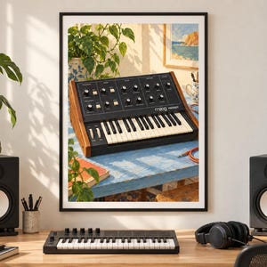 May include: A framed wall art print featuring a Moog Prodigy analog synthesizer with a black control panel, white keys, and wooden side panels, displayed on a blue table with a potted plant and a coastal painting in the background.