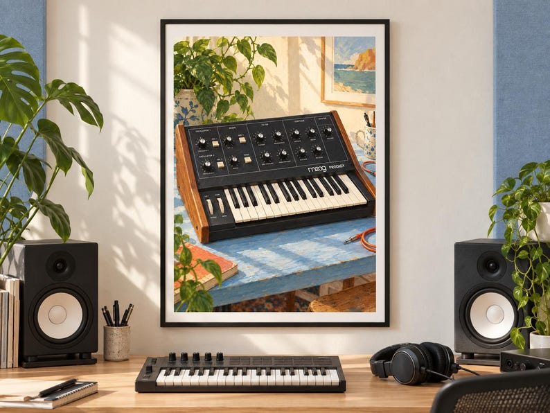 May include: A framed wall art print featuring a Moog Prodigy analog synthesizer with a black control panel, white keys, and wooden side panels, displayed on a blue table with a potted plant and a coastal painting in the background.