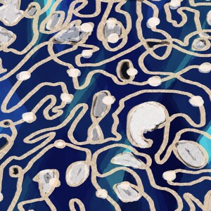 Puede incluir: Una pintura digital abstracta con un fondo azul marino profundo y l&iacute;neas beige fluidas y superpuestas que forman una red compleja e interconectada. Dispersas por toda la imagen hay varias formas texturizadas en gris claro y blanco y puntos.