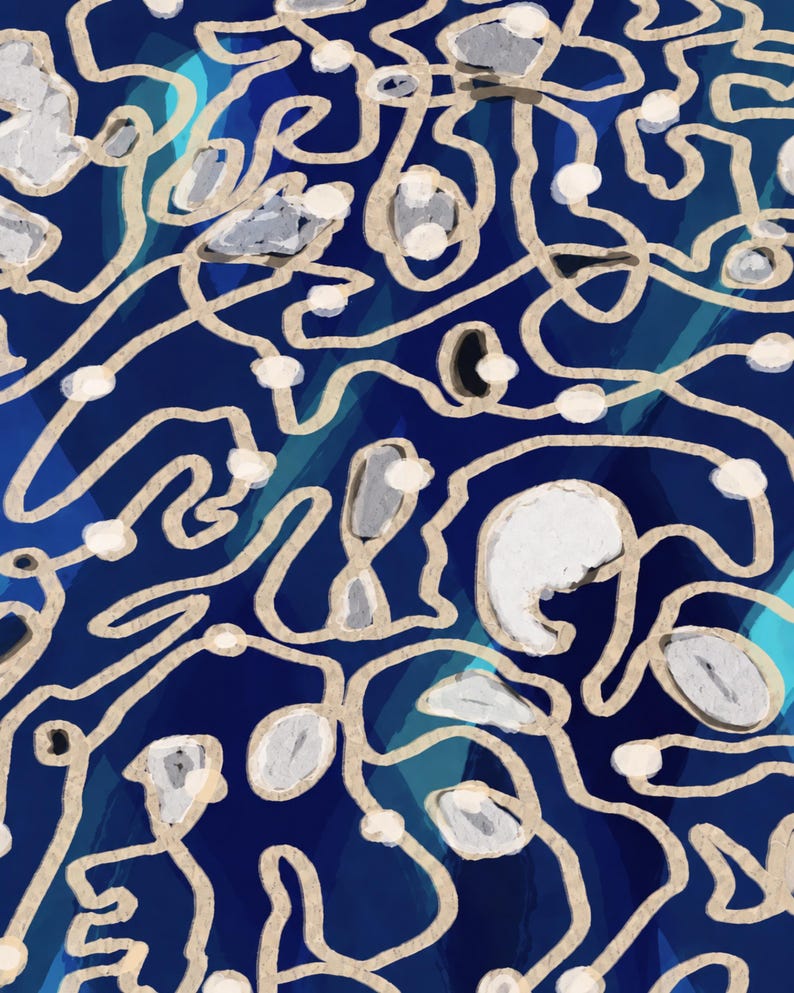 Puede incluir: Una pintura digital abstracta con un fondo azul marino profundo y l&iacute;neas beige fluidas y superpuestas que forman una red compleja e interconectada. Dispersas por toda la imagen hay varias formas texturizadas en gris claro y blanco y puntos.