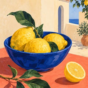 May include: A painting of a deep blue bowl filled with three bright yellow lemons with green leaves. A single halved lemon sits on an orange surface next to the bowl. The background shows a Mediterranean-style building with a lemon tree and sea.
