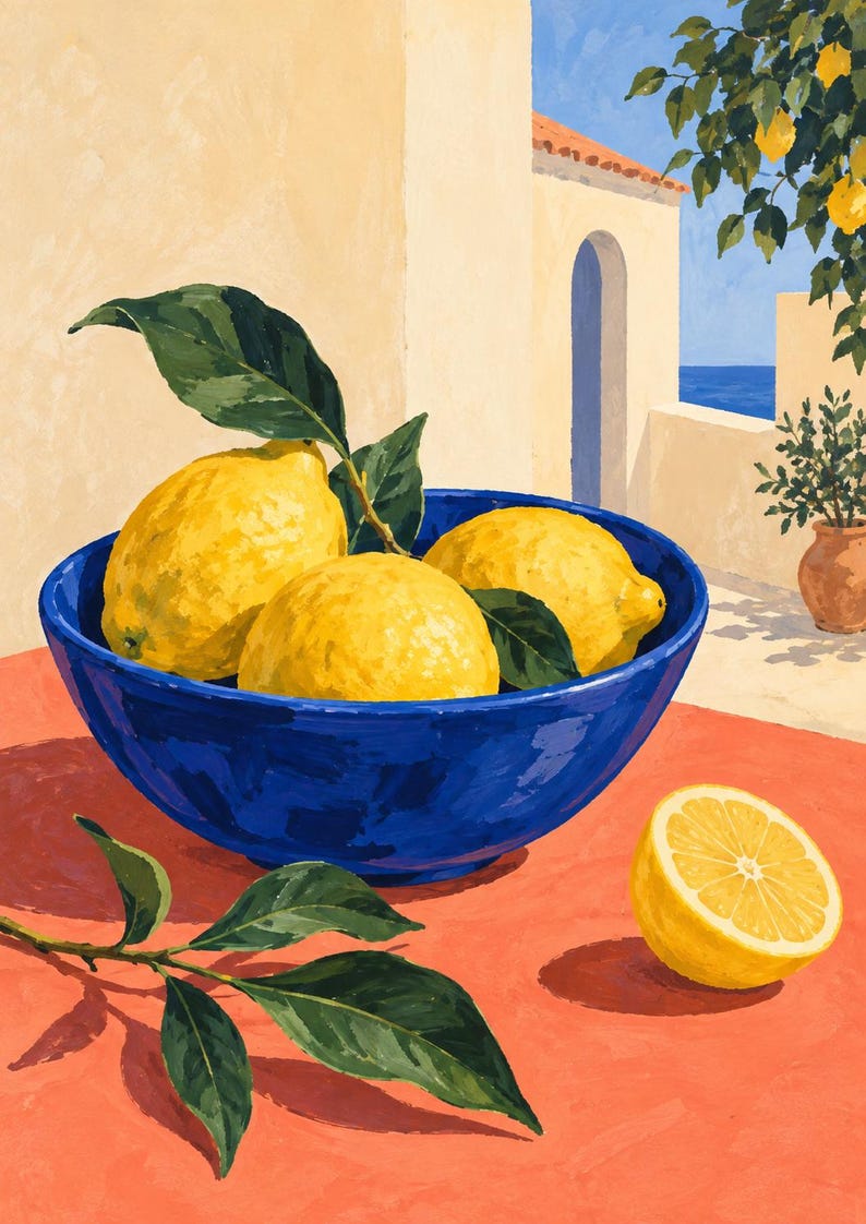 May include: A painting of a deep blue bowl filled with three bright yellow lemons with green leaves. A single halved lemon sits on an orange surface next to the bowl. The background shows a Mediterranean-style building with a lemon tree and sea.