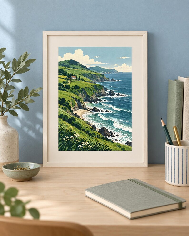 Pu&ograve; includere: Una stampa artistica incorniciata raffigurante un paesaggio costiero con colline verdi, una piccola casa bianca, scogliere rocciose e onde blu sotto un cielo limpido, caratterizzata da vivaci tonalit&agrave; di verde, blu e bianco.