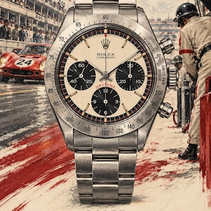 Op de afbeelding: Een roestvrijstalen Rolex Cosmograph Daytona horloge met een cr&egrave;mekleurige wijzerplaat, drie zwarte sub-wijzerplaten en een tachymeterring. De wijzerplaat bevat de tekst Rolex Cosmograph en Daytona. De achtergrond toont een vintage racecircuit.