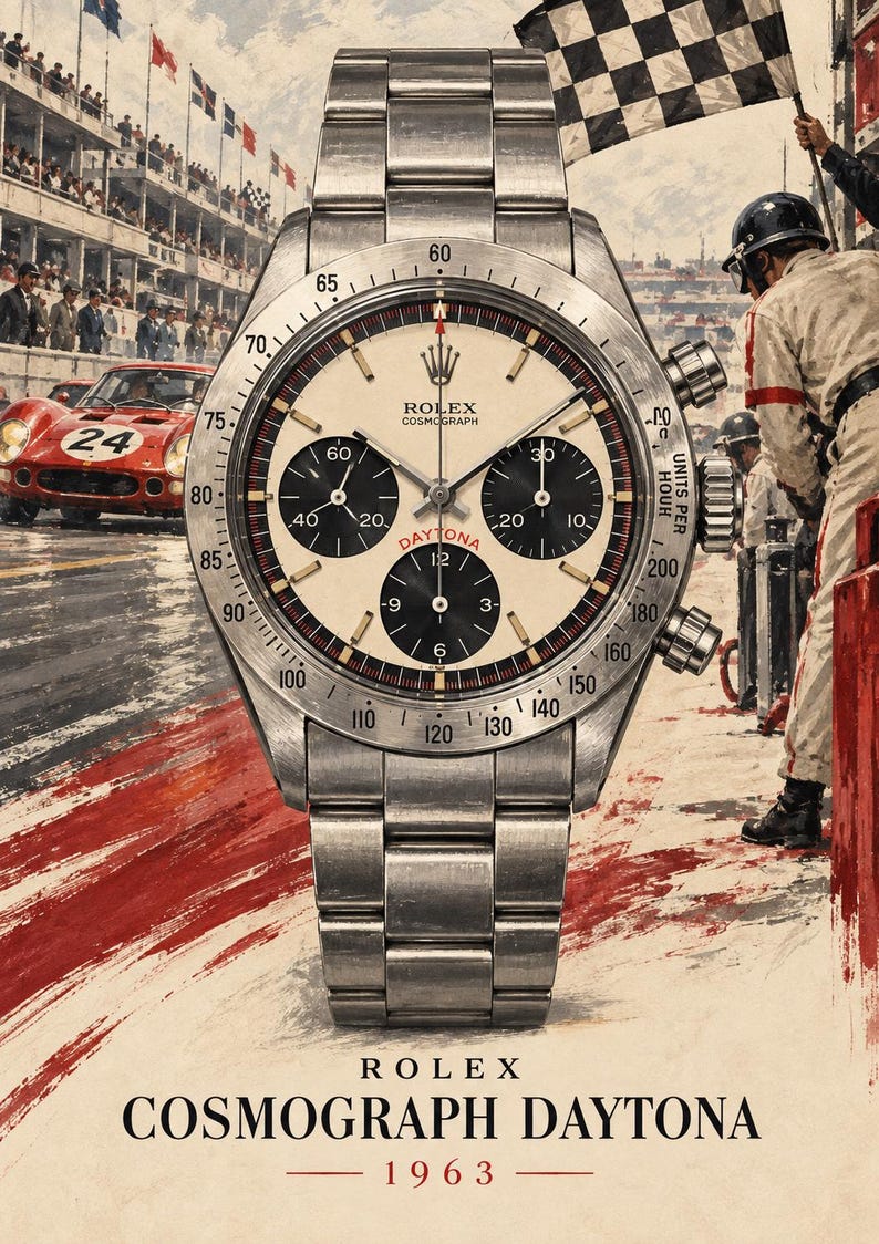 Op de afbeelding: Een roestvrijstalen Rolex Cosmograph Daytona horloge met een cr&egrave;mekleurige wijzerplaat, drie zwarte sub-wijzerplaten en een tachymeterring. De wijzerplaat bevat de tekst Rolex Cosmograph en Daytona. De achtergrond toont een vintage racecircuit.