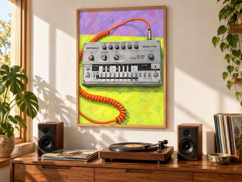 May include: A framed wall art print featuring a silver Roland TB-303 Bass Line synthesizer with an orange coiled cable. The background is painted in vibrant lime green and purple brushstrokes, highlighting the iconic electronic music device.