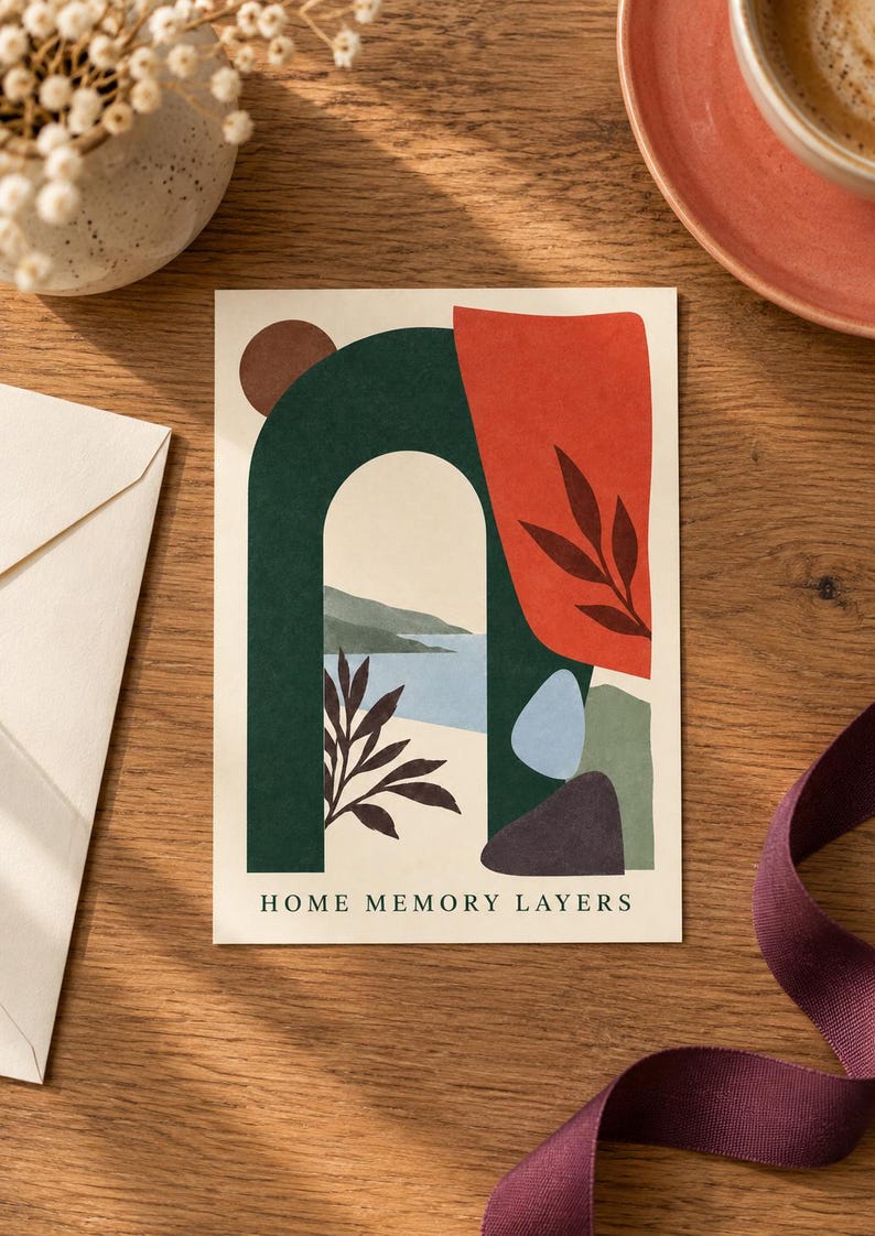 Pu&ograve; includere: Un biglietto d'auguri rettangolare con un'illustrazione astratta composta da un arco verde scuro, una forma rossa con sagome di foglie e un paesaggio costiero blu. Il testo HOME MEMORY LAYERS &egrave; stampato in nero sul fondo del biglietto color crema.