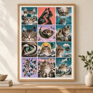 May include: A framed wall art print featuring a grid of twelve surreal illustrations of tabby cats. The images depict cats integrated with landscapes, moons, staircases, and teacups in various artistic styles, showcasing a mix of natural and dreamlike scenes.