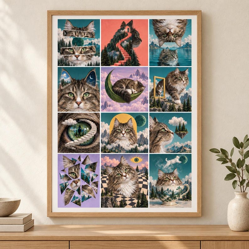 May include: A framed wall art print featuring a grid of twelve surreal illustrations of tabby cats. The images depict cats integrated with landscapes, moons, staircases, and teacups in various artistic styles, showcasing a mix of natural and dreamlike scenes.