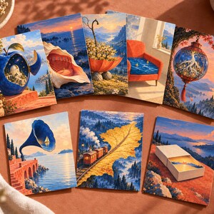 Pu&ograve; includere: Una collezione di sette cartoline rettangolari con illustrazioni surrealiste, tra cui una mela blu con un osservatorio all'interno, un anfiteatro a conchiglia, un ombrello fluttuante, una sedia rossa, una lanterna luminosa, un grammofono e un treno.