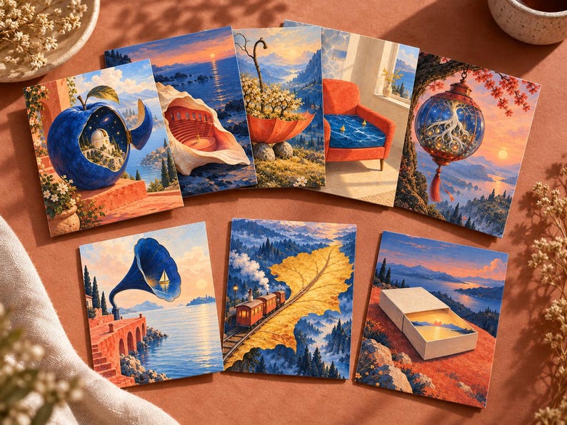 Pu&ograve; includere: Una collezione di sette cartoline rettangolari con illustrazioni surrealiste, tra cui una mela blu con un osservatorio all'interno, un anfiteatro a conchiglia, un ombrello fluttuante, una sedia rossa, una lanterna luminosa, un grammofono e un treno.