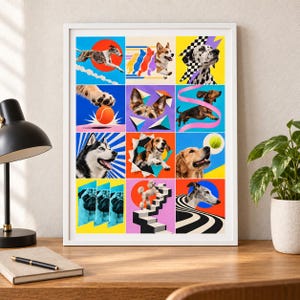 May include: A framed wall art print featuring a twelve-panel grid of colourful, stylised dog illustrations. The collage includes various breeds like a dalmatian, husky, beagle, and pug, set against vibrant geometric backgrounds, patterns, and shapes.
