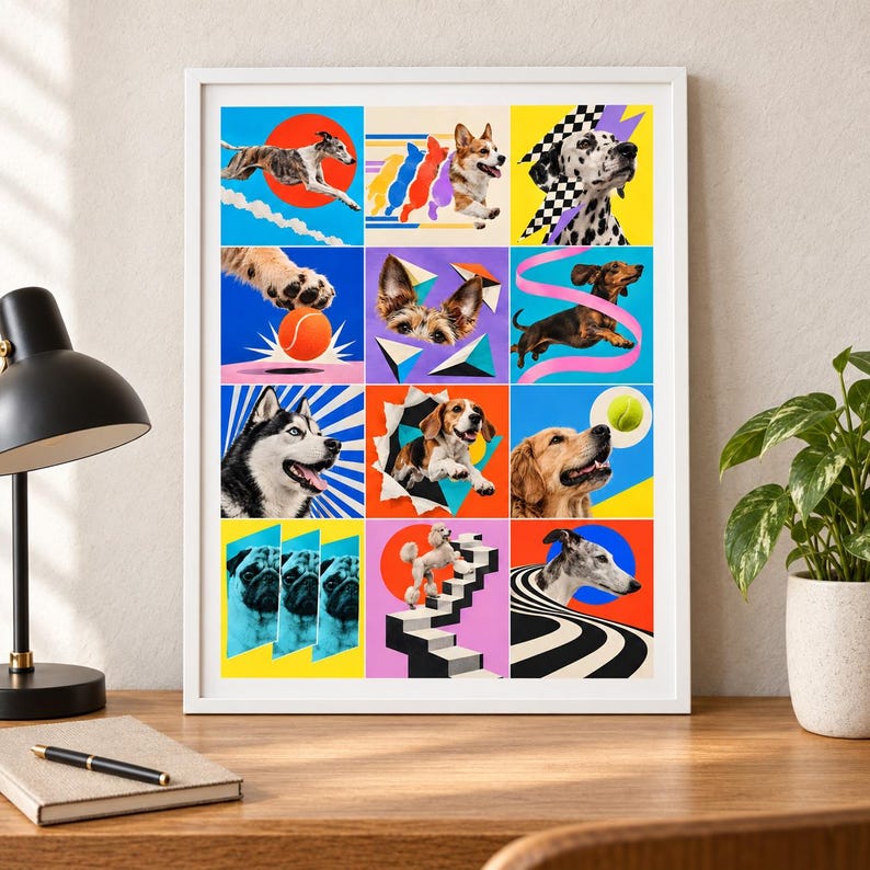May include: A framed wall art print featuring a twelve-panel grid of colourful, stylised dog illustrations. The collage includes various breeds like a dalmatian, husky, beagle, and pug, set against vibrant geometric backgrounds, patterns, and shapes.