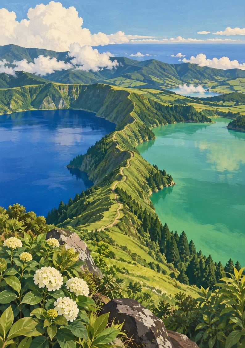 Puede incluir: Un paisaje pintado de Sete Cidades en las Azores, que muestra un lago azul profundo a la izquierda y un lago verde vibrante a la derecha, separados por una cresta estrecha y sinuosa cubierta de vegetaci&oacute;n, pinos y flores de hortensia blancas.