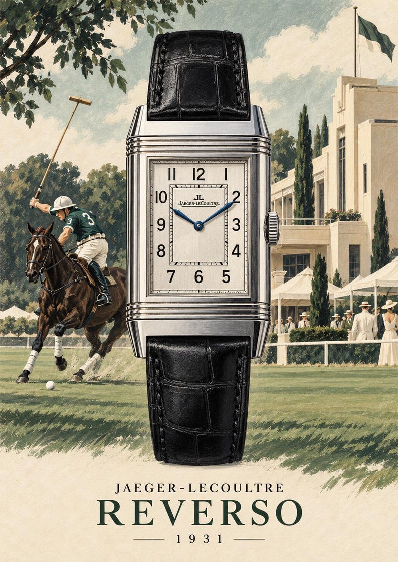 Op de afbeelding: Een rechthoekig zilveren polshorloge met een zwarte alligatorleren band, voorzien van een witte wijzerplaat met zwarte Arabische cijfers, blauwe wijzers en de tekst Jaeger-LeCoultre. Het horloge wordt getoond tegen een polowedstrijd-achtergrond met de tekst JAEGER-LECOULTRE REVERSO 1931.