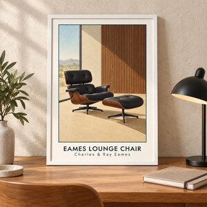 May include: A framed wall art print featuring a black leather Eames lounge chair and matching ottoman with wood veneer shells, set against a desert landscape background. The text EAMES LOUNGE CHAIR and Charles & Ray Eames is printed below.