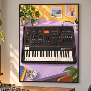 May include: A framed wall art print depicting an ARP Odyssey analog synthesizer on a lavender desk. The synthesizer features a black control panel with orange text, numerous sliders, knobs, and a white and black keyboard. The print includes a yellow wall.