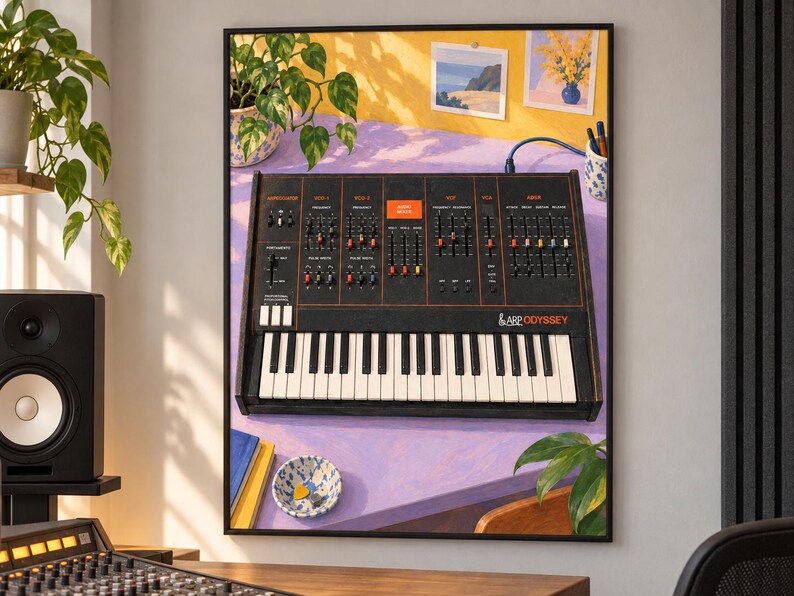 May include: A framed wall art print depicting an ARP Odyssey analog synthesizer on a lavender desk. The synthesizer features a black control panel with orange text, numerous sliders, knobs, and a white and black keyboard. The print includes a yellow wall.