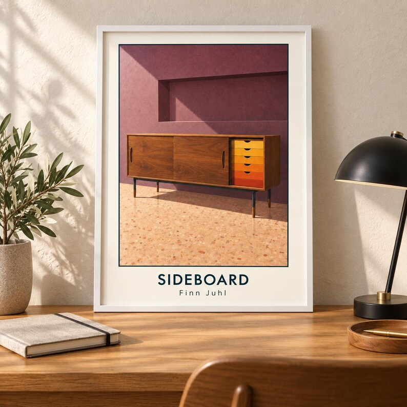 May include: A framed art print featuring a wooden sideboard with sliding doors and a column of five drawers in a gradient of yellow to red. The text below the image reads SIDEBOARD Finn Juhl. The sideboard stands on thin dark legs.