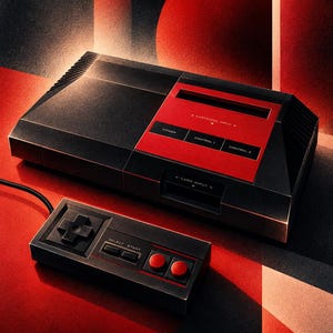 Puede incluir: Una consola de videojuegos negra y roja con un mando rectangular a juego. La consola cuenta con una ranura para cartuchos, una ranura para tarjetas, un bot&oacute;n de encendido y puertos etiquetados como Control 1 y Control 2. El mando incluye una cruceta, Select, Start y dos botones de acci&oacute;n rojos.