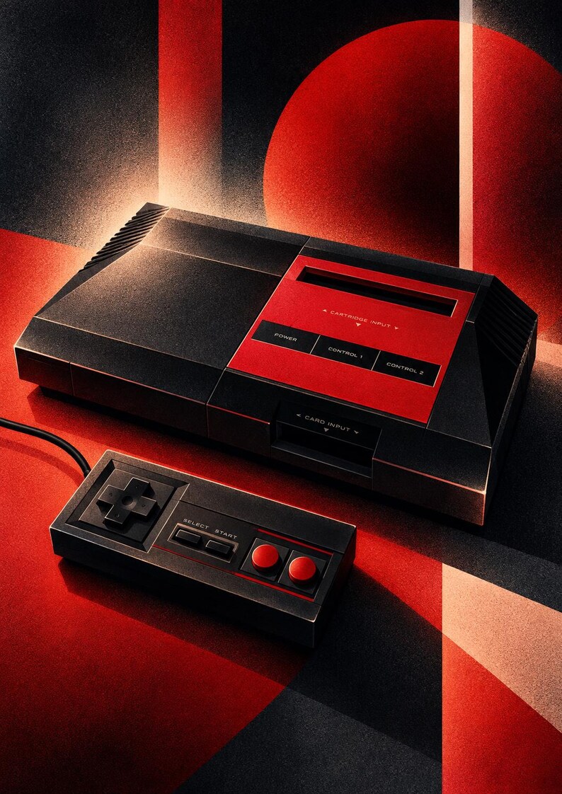 Puede incluir: Una consola de videojuegos negra y roja con un mando rectangular a juego. La consola cuenta con una ranura para cartuchos, una ranura para tarjetas, un bot&oacute;n de encendido y puertos etiquetados como Control 1 y Control 2. El mando incluye una cruceta, Select, Start y dos botones de acci&oacute;n rojos.
