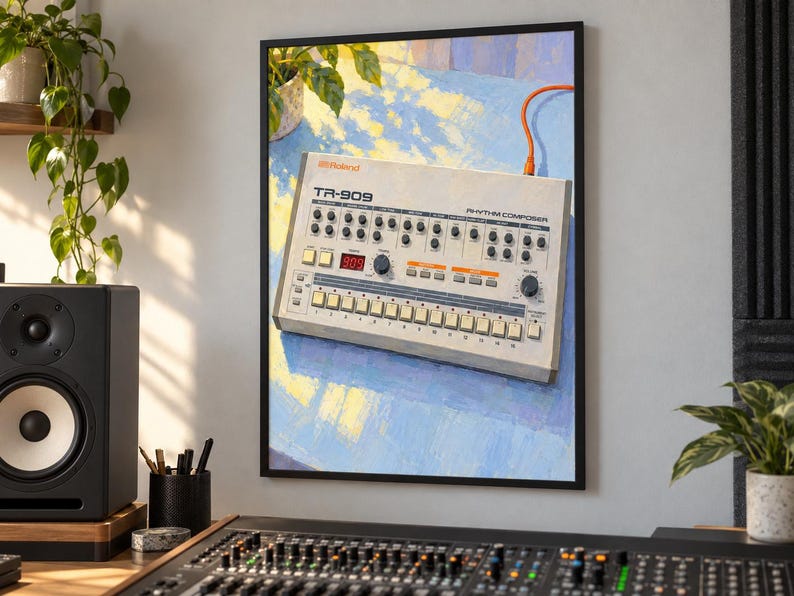 Roland TR-909 väggkonsttryck, färgglad trummaskinsaffisch, digital nedladdning i A3-format bild 4