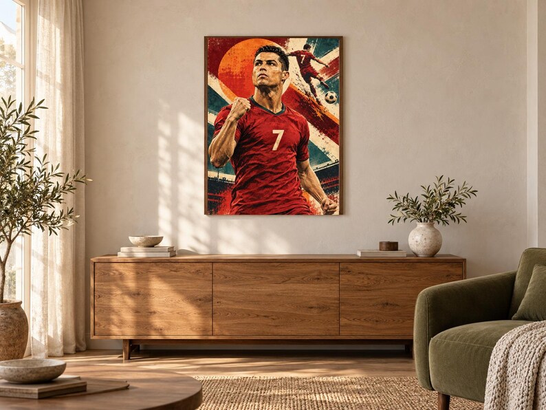 May include: A rectangular wall art print featuring a portrait of a soccer player in a red jersey with the number 7, set against a stylized background with a large orange circle, blue geometric shapes, and a smaller figure kicking a soccer ball.