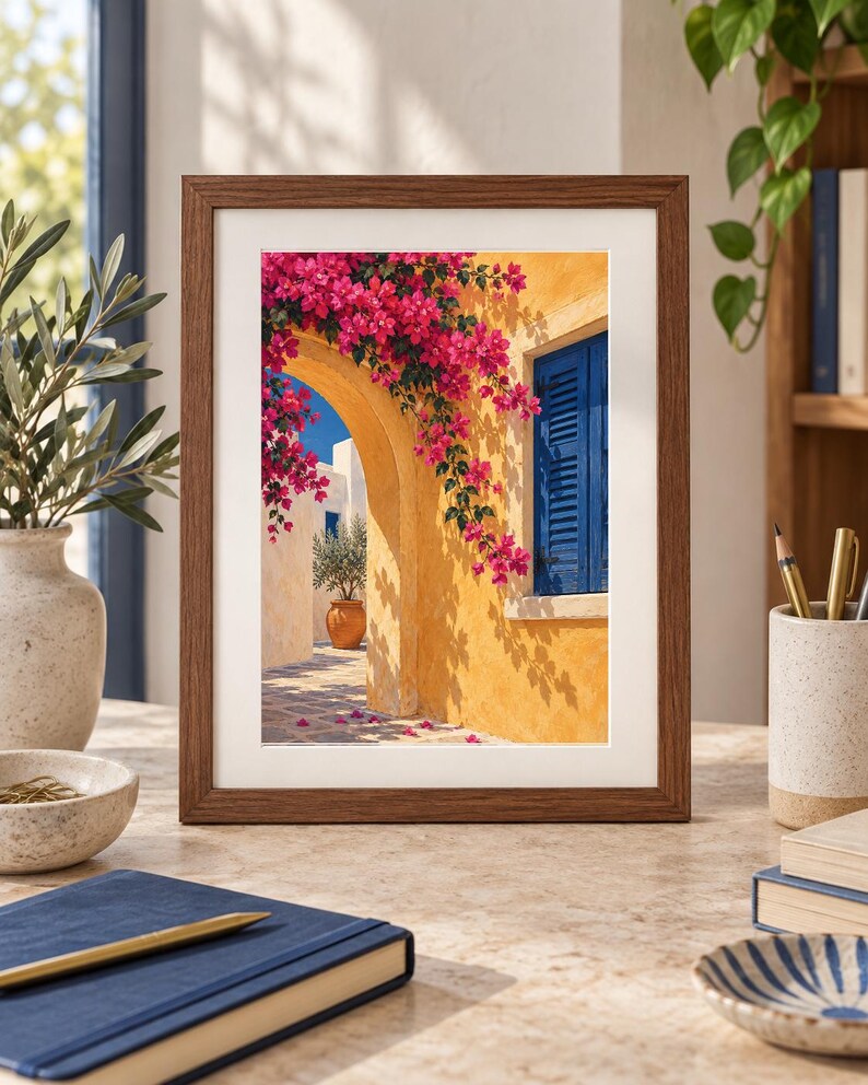May include: A framed wall art print depicting a Mediterranean scene with a yellow stucco wall, a bright blue shuttered window, and vibrant pink bougainvillea flowers cascading over a stone archway under a clear blue sky.