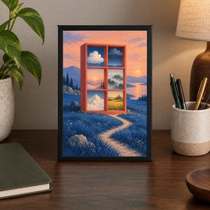 May include: A framed wall art print featuring a surreal orange shelving unit standing in a blue grassy field. The shelves display six distinct landscape scenes including clouds, rain, mountains, and sunset views over a calm body of water.