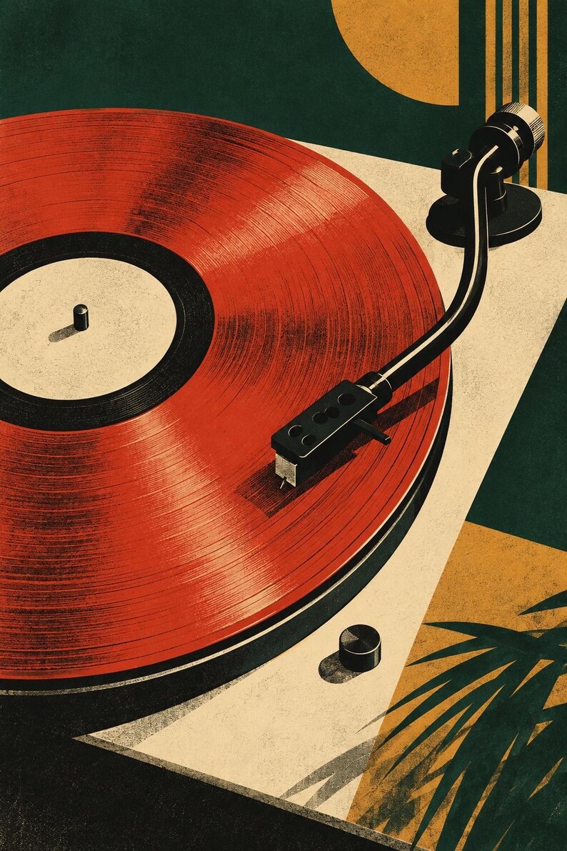 May include: A stylized illustration of a record player featuring a vibrant red vinyl record on a cream-colored turntable base. The black tonearm is positioned over the record, set against a dark green and yellow geometric background with palm leaves.
