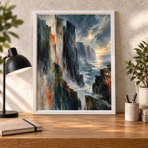 May include: A framed wall art print depicting a dramatic coastal landscape with towering dark cliffs, crashing ocean waves, and a sunset sky. The painting features textured brushstrokes in shades of deep blue, charcoal, orange, and white.