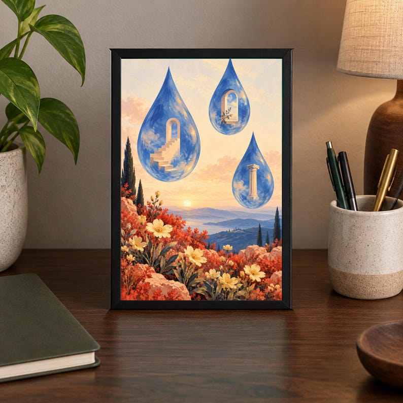 Puede incluir: Una impresi&oacute;n art&iacute;stica enmarcada que muestra un paisaje surrealista con tres grandes gotas de agua azules flotando en un cielo al atardecer. Dentro de las gotas hay una escalera, un arco y una columna sobre follaje rojo.